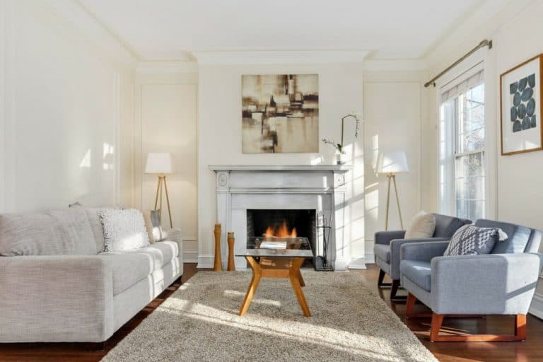 Staged Chicago condo living room with fireplace